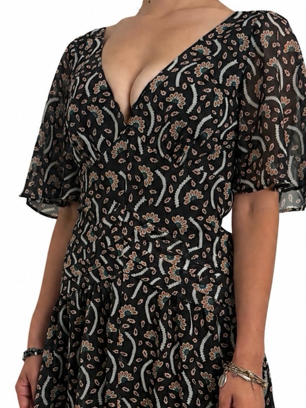 Black Geometric Floral V-Neck Maxi Dress